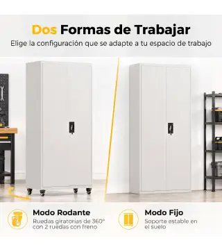 Armario de Herramientas de Acero 180 cm con Ruedas Extraíbles Estantes Ajustables Carga 250 kg para Garaje Blanco