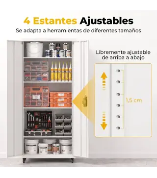 Armario de Herramientas de Acero 180 cm con Ruedas Extraíbles Estantes Ajustables Carga 250 kg para Garaje Blanco