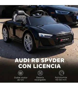 Coche Eléctrico Niños Audi R8 Spyder 12V con Mando a Distancia 2,4 G 2 Motores Arranque Suave Suspensión Trasera Negro