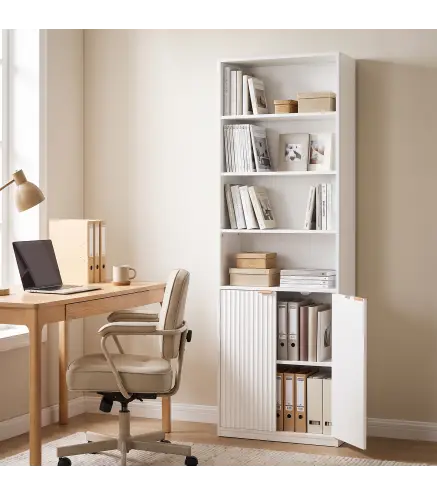Librería Alta y Estrecha de 6 Niveles con 4 Compartimentos Abiertos Estante Ajustable Cierres Magnéticos Blanco