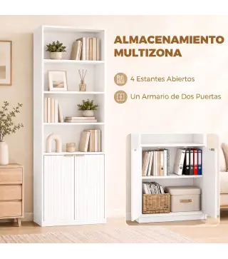 Librería Alta y Estrecha de 6 Niveles con 4 Compartimentos Abiertos Estante Ajustable Cierres Magnéticos Blanco