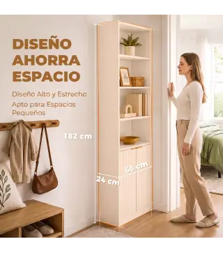 Librería Alta y Estrecha de 6 Niveles con 4 Compartimentos Abiertos Estante Ajustable Cierres Magnéticos Blanco