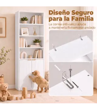 Librería Alta y Estrecha de 6 Niveles con 4 Compartimentos Abiertos Estante Ajustable Cierres Magnéticos Blanco