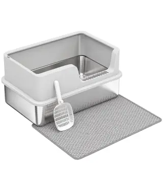 Arenero para Gatos de Acero Inoxidable XL Caja de Arena para Gatos Borde Alto Pala Cepillo Gancho Gris Claro