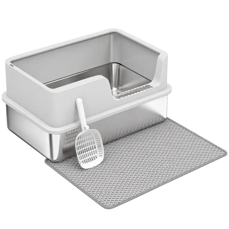 Arenero para Gatos de Acero Inoxidable XL Caja de Arena para Gatos Borde Alto Pala Cepillo Gancho Gris Claro Arenero para Gatos de Acero Inoxidable XL Caja de Arena para Gatos Borde Alto Pala Cepillo Gancho Gris Claro