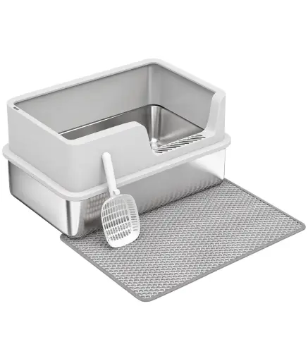 Arenero para Gatos de Acero Inoxidable XL Caja de Arena para Gatos Borde Alto Pala Cepillo Gancho Gris Claro
