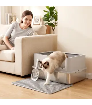 Arenero para Gatos de Acero Inoxidable XL Caja de Arena para Gatos Borde Alto Pala Cepillo Gancho Gris Claro