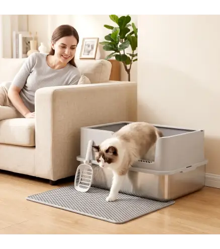 Arenero para Gatos de Acero Inoxidable XL Caja de Arena para Gatos Borde Alto Pala Cepillo Gancho Gris Claro