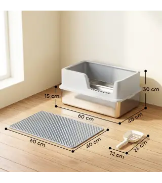Arenero para Gatos de Acero Inoxidable XL Caja de Arena para Gatos Borde Alto Pala Cepillo Gancho Gris Claro