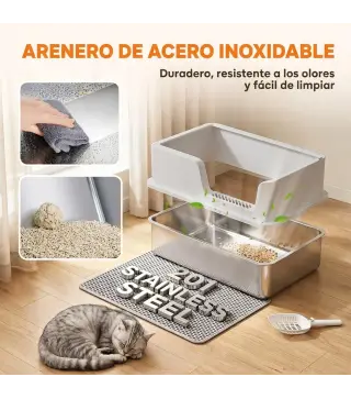 Arenero para Gatos de Acero Inoxidable XL Caja de Arena para Gatos Borde Alto Pala Cepillo Gancho Gris Claro