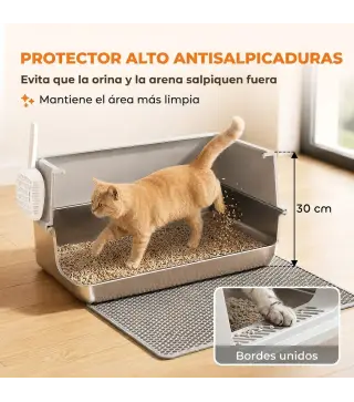 Arenero para Gatos de Acero Inoxidable XL Caja de Arena para Gatos Borde Alto Pala Cepillo Gancho Gris Claro