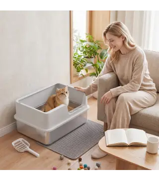 Arenero para Gatos de Acero Inoxidable XL Caja de Arena para Gatos Borde Alto Pala Cepillo Gancho Gris Claro