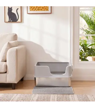 Arenero para Gatos de Acero Inoxidable XL Caja de Arena para Gatos Borde Alto Pala Cepillo Gancho Gris Claro