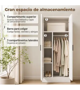 Armario Dormitorio Moderno Armario Ropero con Barra para Colgar Estantes 70x37x164 cm para Salón Entrada Blanco
