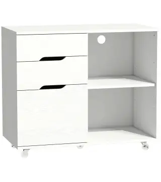 Mueble para Impresora con Ruedas 3 Cajones Barra Ajustable 2 Estantes Abiertos y Asas para Documentos Tamaño A4 Blanco