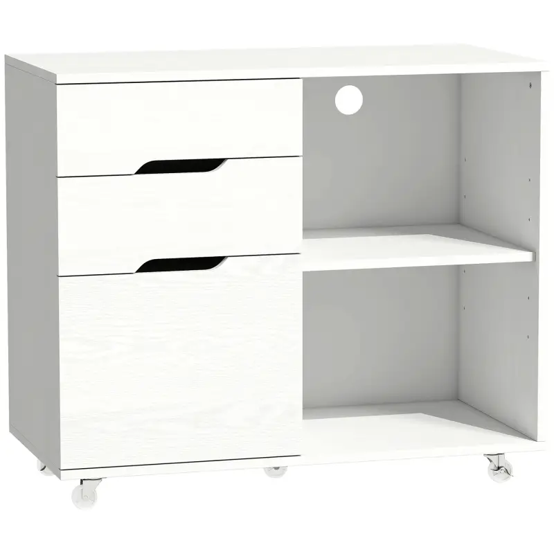 Mueble para Impresora con Ruedas 3 Cajones Barra Ajustable 2 Estantes Abiertos y Asas para Documentos Tamaño A4 Blanco Mueble para Impresora con Ruedas 3 Cajones Barra Ajustable 2 Estantes Abiertos y Asas para Documentos Tamaño A4 Blanco