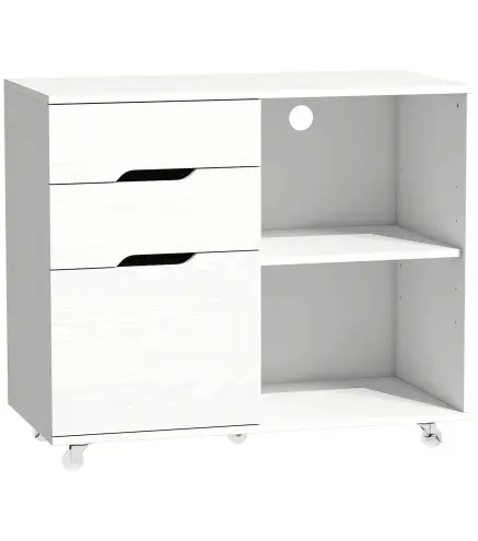 Mueble para Impresora con Ruedas 3 Cajones Barra Ajustable 2 Estantes Abiertos y Asas para Documentos Tamaño A4 Blanco