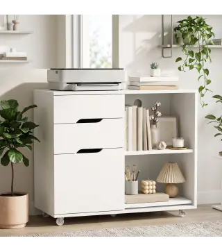 Mueble para Impresora con Ruedas 3 Cajones Barra Ajustable 2 Estantes Abiertos y Asas para Documentos Tamaño A4 Blanco