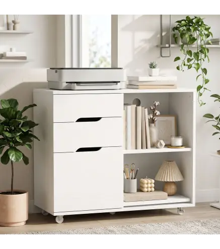 Mueble para Impresora con Ruedas 3 Cajones Barra Ajustable 2 Estantes Abiertos y Asas para Documentos Tamaño A4 Blanco