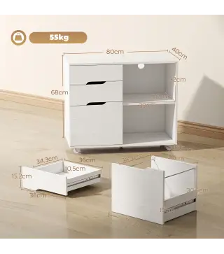 Mueble para Impresora con Ruedas 3 Cajones Barra Ajustable 2 Estantes Abiertos y Asas para Documentos Tamaño A4 Blanco