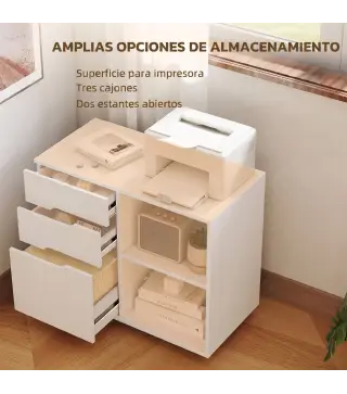 Mueble para Impresora con Ruedas 3 Cajones Barra Ajustable 2 Estantes Abiertos y Asas para Documentos Tamaño A4 Blanco