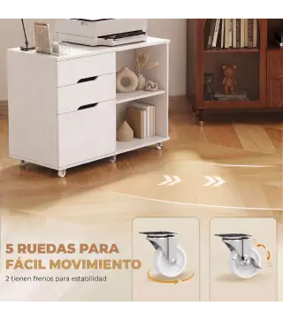 Mueble para Impresora con Ruedas 3 Cajones Barra Ajustable 2 Estantes Abiertos y Asas para Documentos Tamaño A4 Blanco