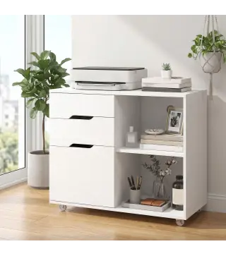 Mueble para Impresora con Ruedas 3 Cajones Barra Ajustable 2 Estantes Abiertos y Asas para Documentos Tamaño A4 Blanco
