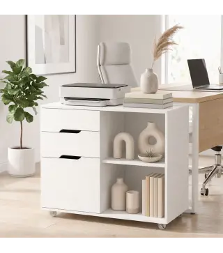 Mueble para Impresora con Ruedas 3 Cajones Barra Ajustable 2 Estantes Abiertos y Asas para Documentos Tamaño A4 Blanco