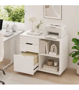 Mueble para Impresora con Ruedas 3 Cajones Barra Ajustable 2 Estantes Abiertos y Asas para Documentos Tamaño A4 Blanco