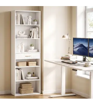 Estantería para Libros Alta y Estrecha Librería de 7 Niveles con Cajón 6 Compartimentos Abiertos 60x24x182 cm Blanco