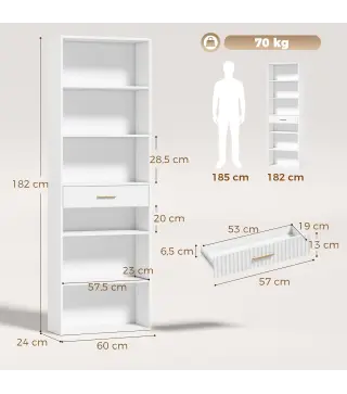 Estantería para Libros Alta y Estrecha Librería de 7 Niveles con Cajón 6 Compartimentos Abiertos 60x24x182 cm Blanco