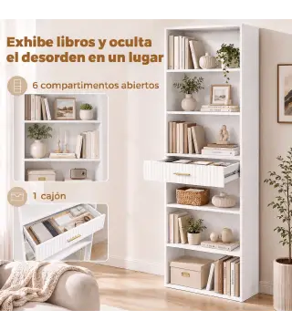Estantería para Libros Alta y Estrecha Librería de 7 Niveles con Cajón 6 Compartimentos Abiertos 60x24x182 cm Blanco