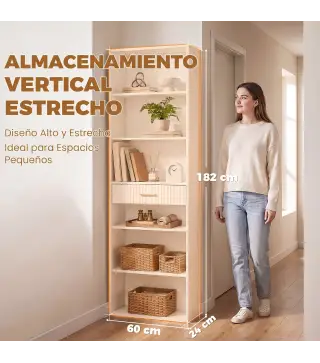 Estantería para Libros Alta y Estrecha Librería de 7 Niveles con Cajón 6 Compartimentos Abiertos 60x24x182 cm Blanco
