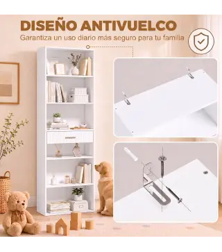 Estantería para Libros Alta y Estrecha Librería de 7 Niveles con Cajón 6 Compartimentos Abiertos 60x24x182 cm Blanco