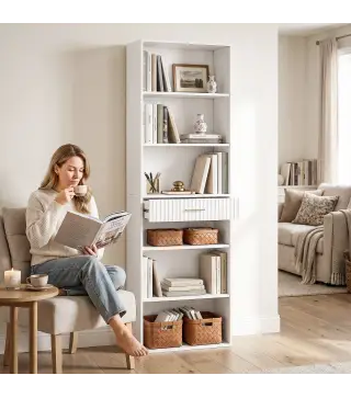 Estantería para Libros Alta y Estrecha Librería de 7 Niveles con Cajón 6 Compartimentos Abiertos 60x24x182 cm Blanco