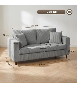 Sofá de 2 Plazas Tapizado en Pana con Asiento Ancho y Profundo y Patas de Madera 170x80x82 cm Gris Claro