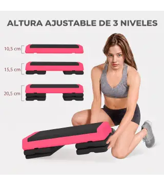Step de Aeróbic Step para Fitness Antideslizante Altura Regulable 3 Niveles 77x36x20,5cm Rosa y Negro