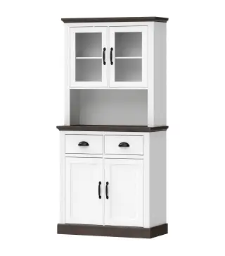 Alacena de Cocina Alta con Puertas de Cristal 2 Cajones Estantes Ajustables Compartimento Abierto 80x38x170 cm Blanco