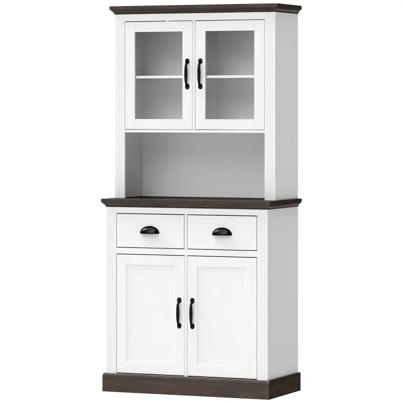 Alacena de Cocina Alta con Puertas de Cristal 2 Cajones Estantes Ajustables Compartimento Abierto 80x38x170 cm Blanco