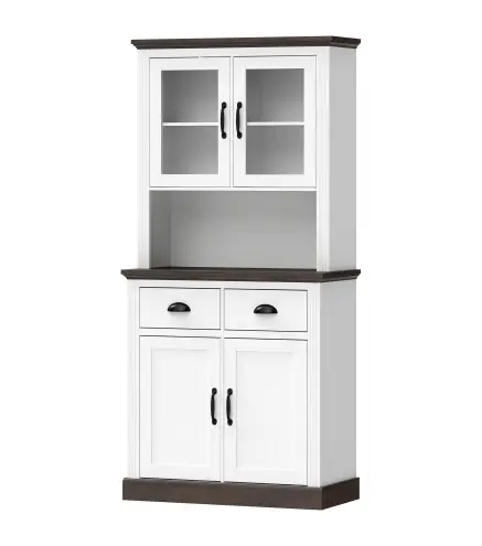 Alacena de Cocina Alta con Puertas de Cristal 2 Cajones Estantes Ajustables Compartimento Abierto 80x38x170 cm Blanco
