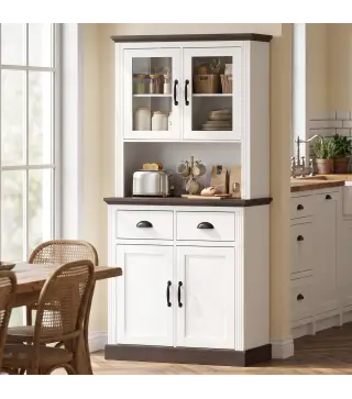 Alacena de Cocina Alta con Puertas de Cristal 2 Cajones Estantes Ajustables Compartimento Abierto 80x38x170 cm Blanco
