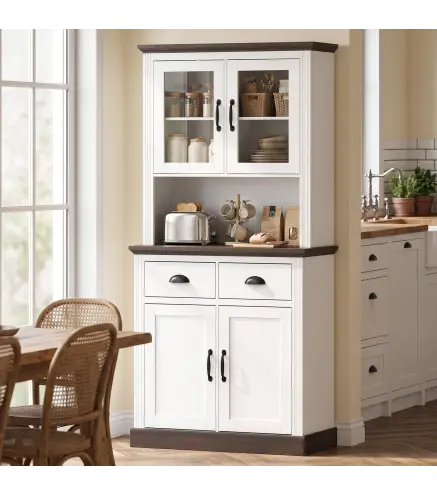 Alacena de Cocina Alta con Puertas de Cristal 2 Cajones Estantes Ajustables Compartimento Abierto 80x38x170 cm Blanco