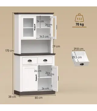Alacena de Cocina Alta con Puertas de Cristal 2 Cajones Estantes Ajustables Compartimento Abierto 80x38x170 cm Blanco