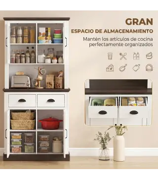 Alacena de Cocina Alta con Puertas de Cristal 2 Cajones Estantes Ajustables Compartimento Abierto 80x38x170 cm Blanco