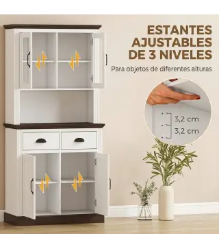 Alacena de Cocina Alta con Puertas de Cristal 2 Cajones Estantes Ajustables Compartimento Abierto 80x38x170 cm Blanco