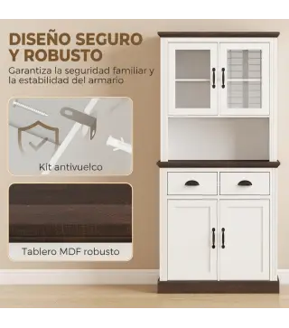 Alacena de Cocina Alta con Puertas de Cristal 2 Cajones Estantes Ajustables Compartimento Abierto 80x38x170 cm Blanco