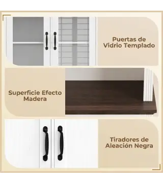 Alacena de Cocina Alta con Puertas de Cristal 2 Cajones Estantes Ajustables Compartimento Abierto 80x38x170 cm Blanco