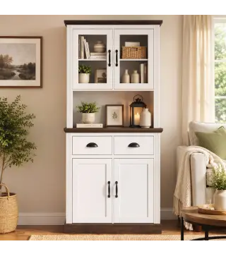Alacena de Cocina Alta con Puertas de Cristal 2 Cajones Estantes Ajustables Compartimento Abierto 80x38x170 cm Blanco