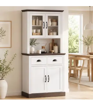 Alacena de Cocina Alta con Puertas de Cristal 2 Cajones Estantes Ajustables Compartimento Abierto 80x38x170 cm Blanco
