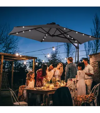 Sombrilla Excéntrica de 3 m con Luces LED con Manivela y Base Cruzada para Exterior Patio Terraza Gris Oscuro